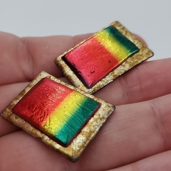 Clay Earrings‎ Faux Dichroic Tribal Red Green 1 Inc - Picture 5 of 7